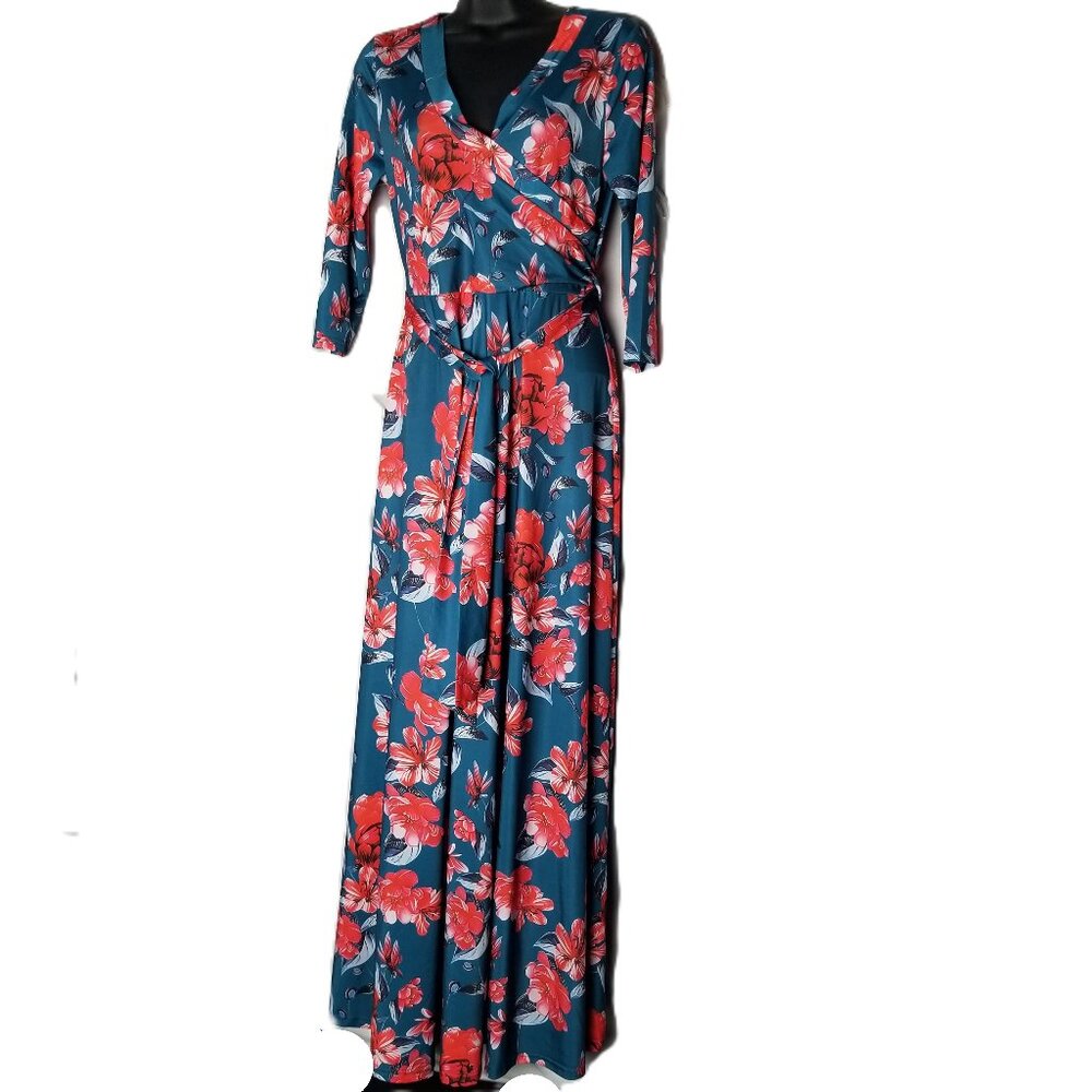 Bon Rosy Teal Floral Maxi Wrap Dress Medium Stretch Belted Boho 3/4 Sleeve
